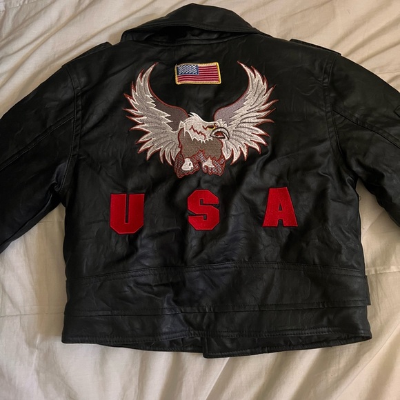 Kids Black Leather Jacket with Eagle and USA Design - Picture 1 of 9